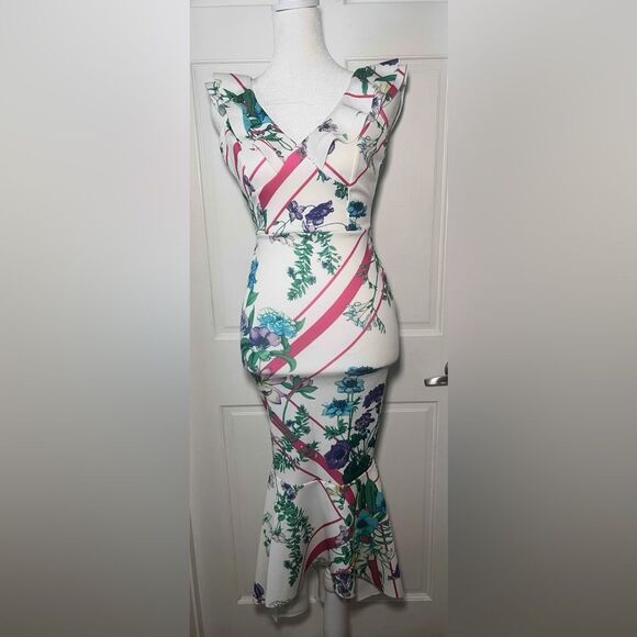 ASOS Floral Scuba Midi Dress Ruffle Mermaid Size 0 - Picture 8 of 8